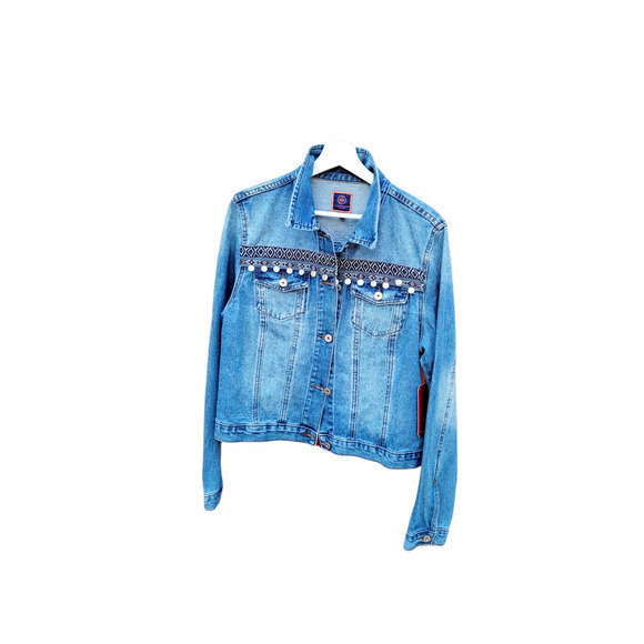 HOST PICK Boom Boom Jeans, Blue ‎ Cropped Metallic Embellished Denim Jacket - Picture 1 of 10